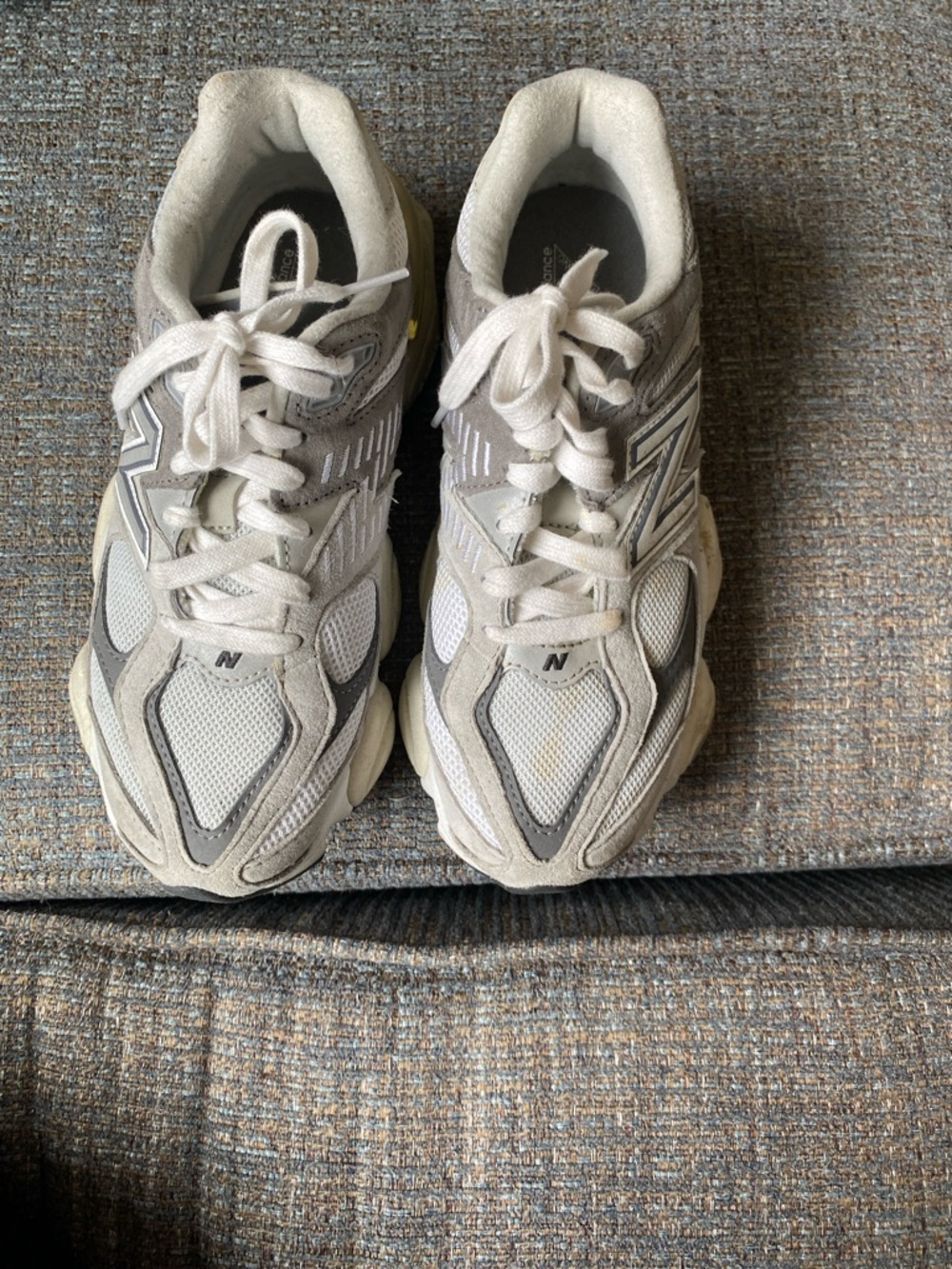 New Balance White and Gray Mesh Suede Running Sneakers